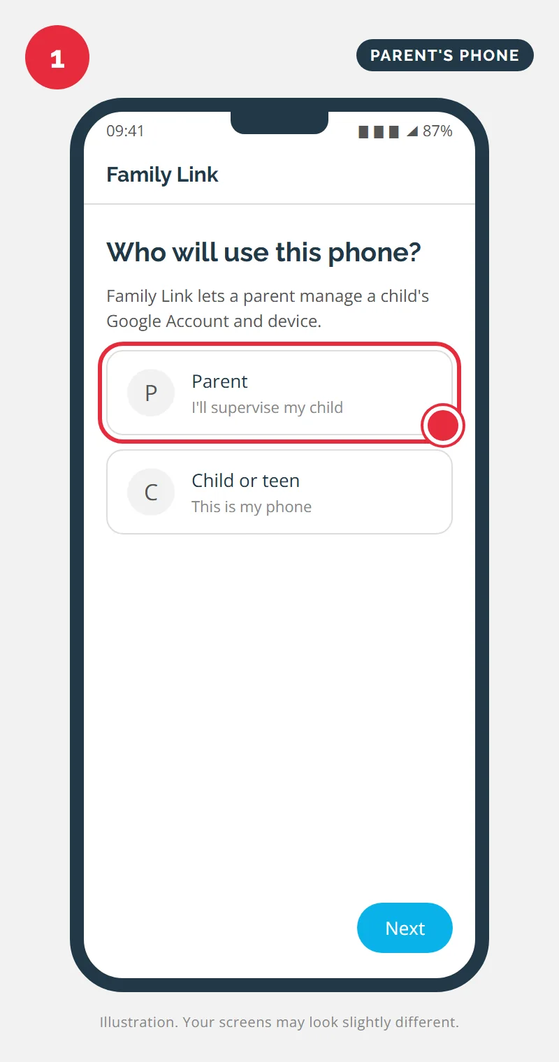 Family Link app asking who will use this phone, with Parent selected