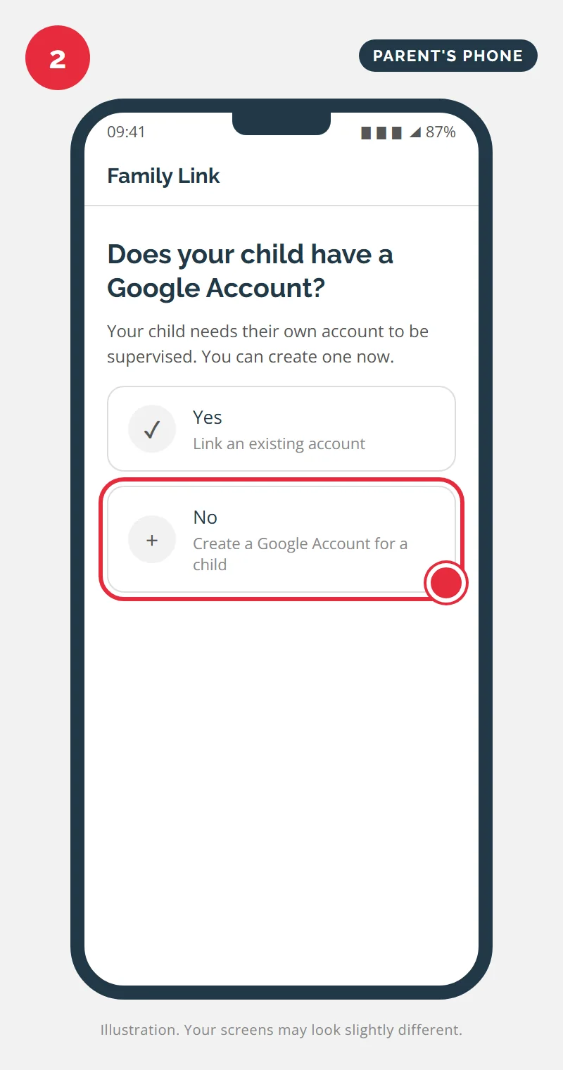Family Link asking whether the child has a Google Account, with No selected