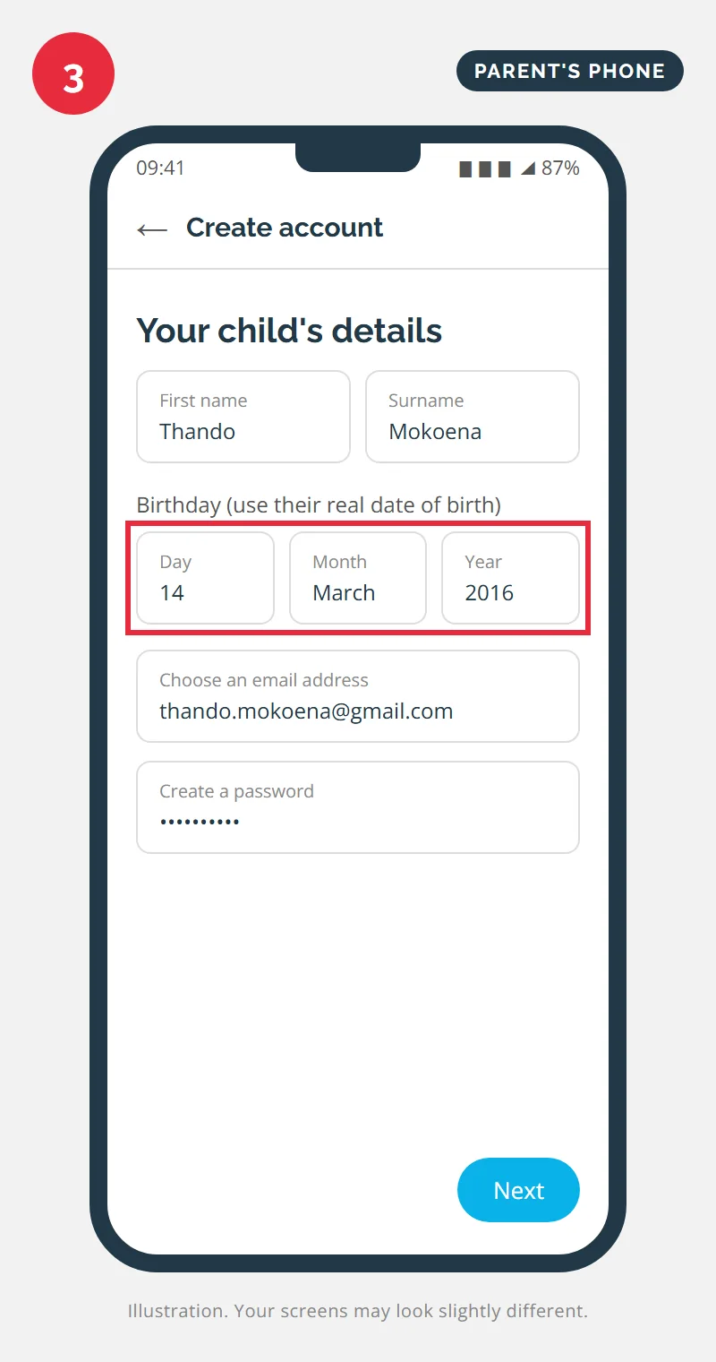 Create account form with the child's name, birthday, email address and password