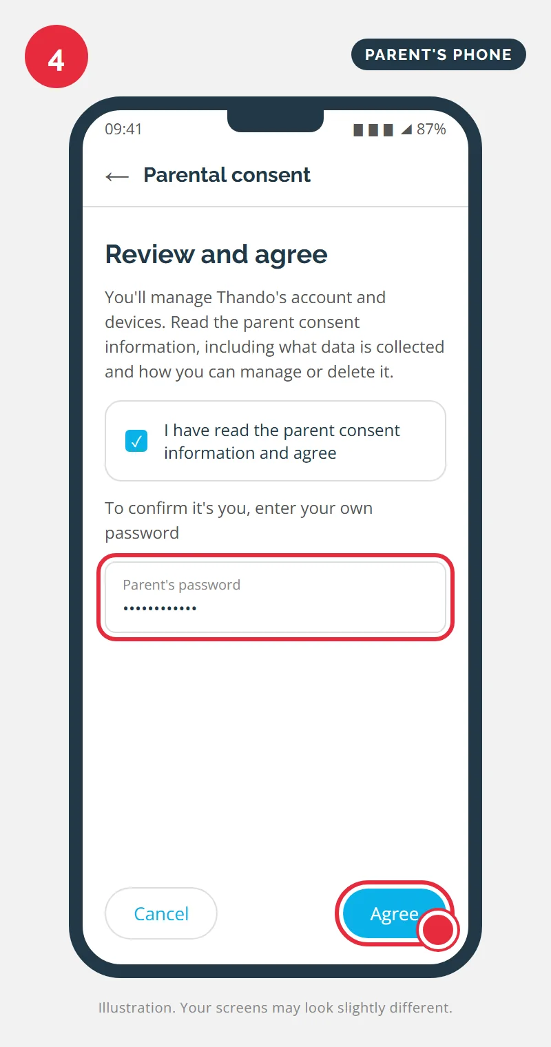 Parental consent screen with the agreement ticked and the parent's password entered