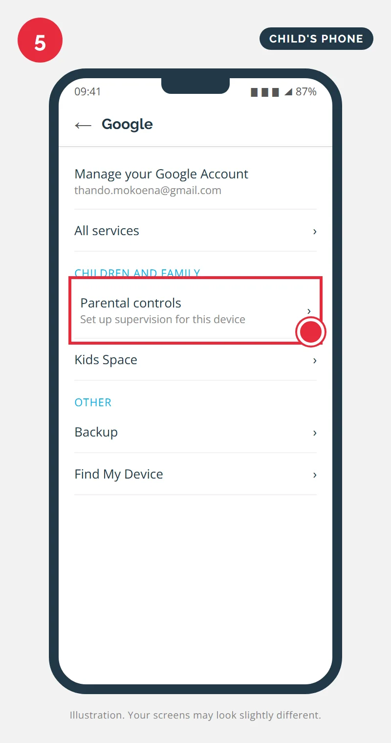 Android Google settings with Parental controls highlighted under Children and family