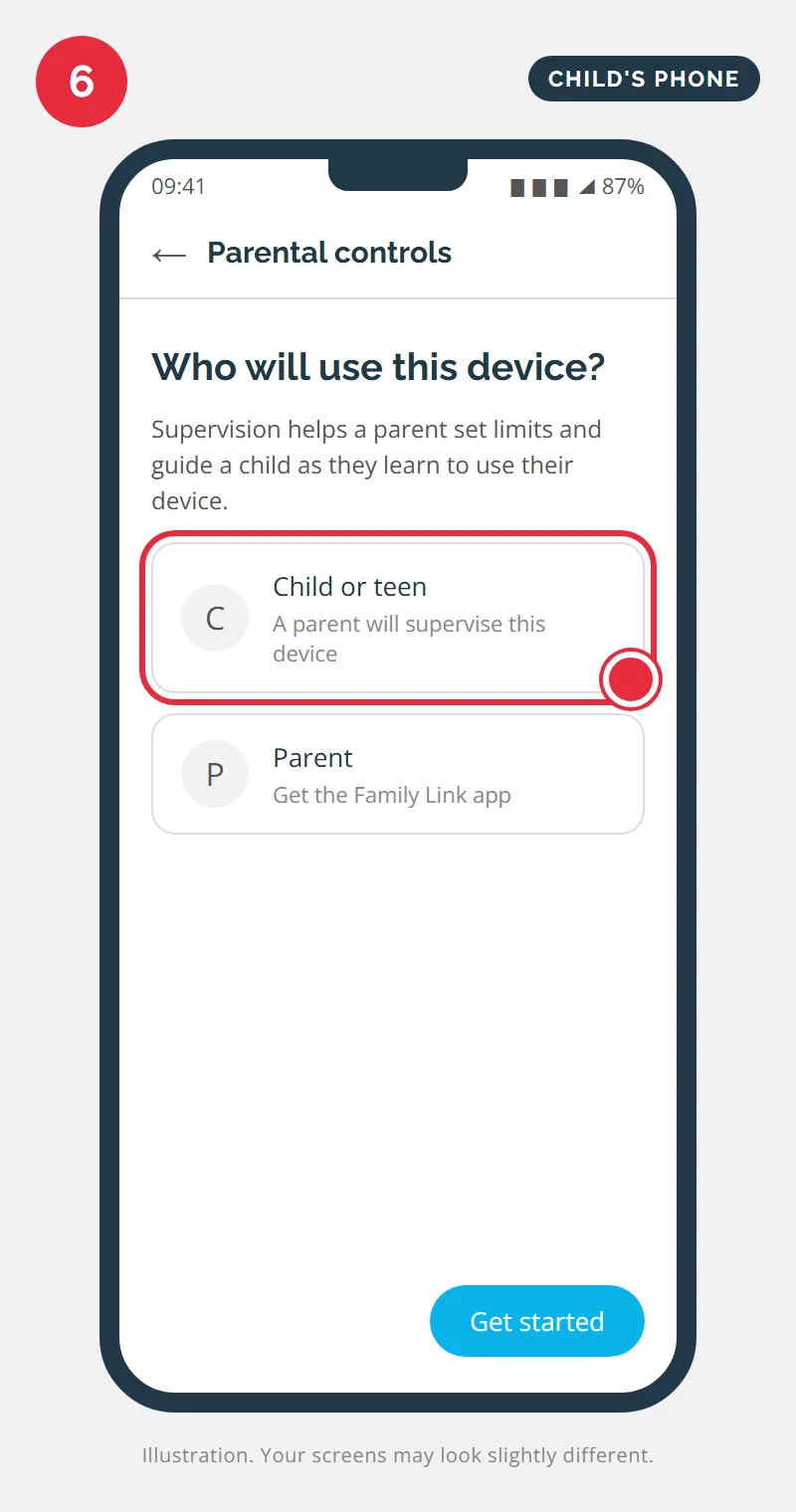 Parental controls on the child's phone asking who will use this device, with Child or teen selected