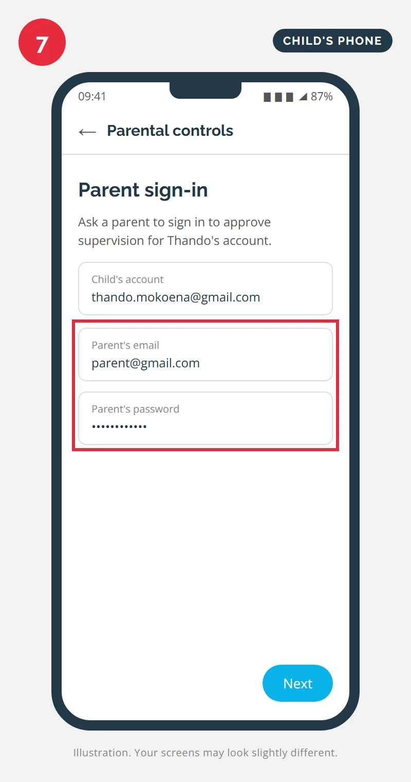 Parent sign-in screen on the child's phone with the parent's email and password