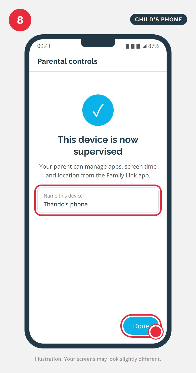 Confirmation that the device is now supervised, with a field to name the device