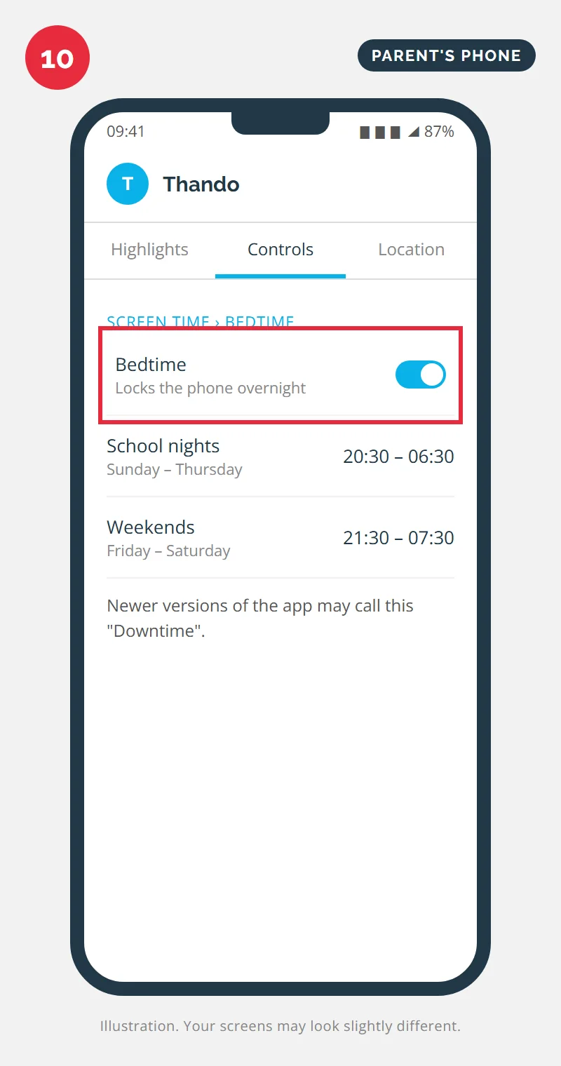 Bedtime switched on with school night and weekend lock times