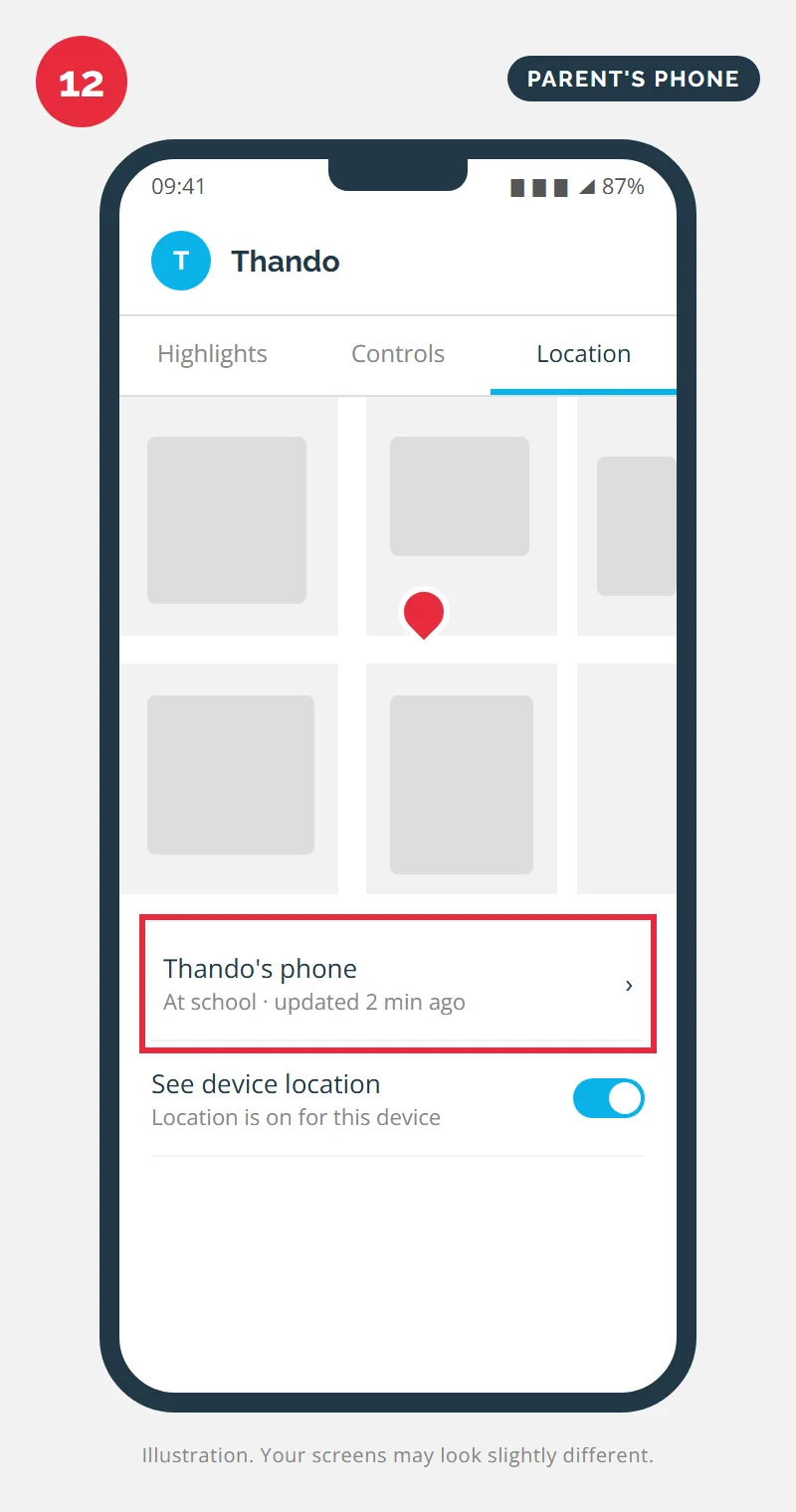 Family Link Location tab showing the child's phone on a map