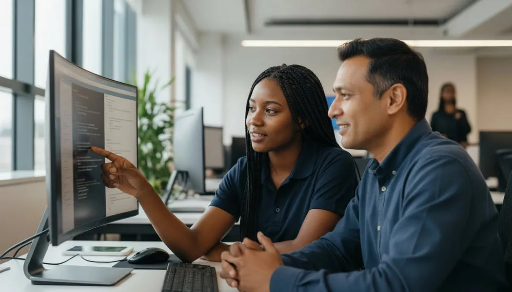 Technician working with client